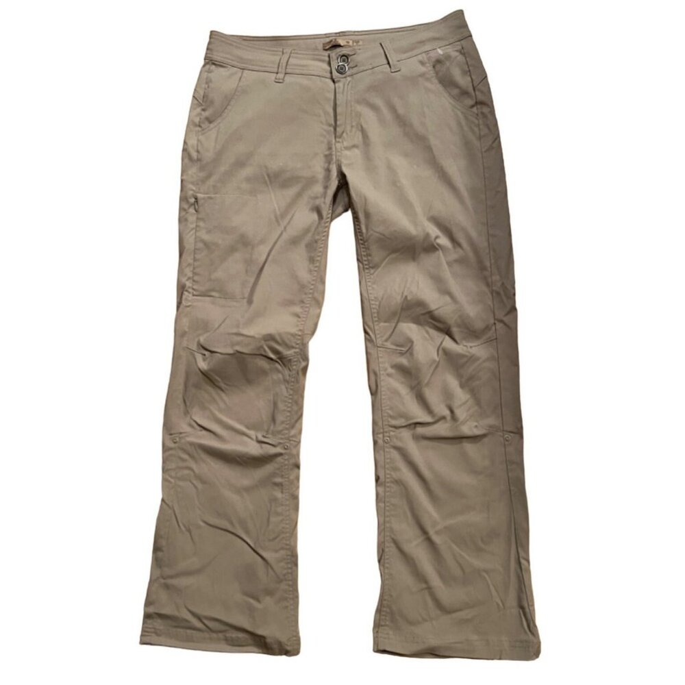 Prana tan women's outdoor, lightweight hiking pants sz10, flat front, adjustable
